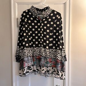 John Mark black and white polka dot tiered tunic, size XL